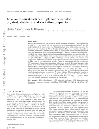 Mon. Not. R. Astron. Soc. 000, 1-?? (0000) Printed 18 September 2015 (MN LATEX style ﬁle v2.2)
Low-ionization structures in planetary nebulae – I:
physical, kinematic and excitation properties
Stavros Akras , Denise R. Gon¸calves
Observat´orio do Valongo, Universidade Federal do Rio de Janeiro, Ladeira Pedro Antonio 43, 20080-090, Rio de Janeiro, Brazil
Received **insert**; Accepted **insert**
ABSTRACT
Though the small-scale, low-ionization knots, ﬁlaments and jets (LISs) of planetary
nebulae (PNe) are known for ∼30 yr, some of their observational properties are not
well established. In consequence our ability to include them in the wider context of the
formation and evolution of PNe is directly aﬀected. Why most structures have lower
densities than the PN shells hosting them? Is their intense emission in low-ionization
lines the key to their main excitation mechanism? Therefore, if considered altogether,
can LISs line ratios, chemical abundances and kinematics enlighten the interplay be-
tween the diﬀerent excitation and formation processes? Here we present a spectroscopic
analysis of ﬁve PNe that possess LISs conﬁrming that all nebular components have
comparable electron temperatures, whereas the electron density is systematically lower
in LISs than in the surrounding nebula. Chemical abundances of LISs versus other
PN components do not show signiﬁcant diﬀerences as well. By using diagnostic dia-
grams from shock models, we demonstrate that LISs’ main excitation is due to shocks,
whereas the other components are mainly photo-ionized. We also propose new diag-
nostic diagrams involving a few emission lines ([N ii], [O iii], [S ii]) and log(fshocks/f ),
where fshocks and f are the ionization photon ﬂuxes due to the shocks and the central
star ionizing continuum, respectively. A robust relation diﬀerentiating the structures
is found, with the shock-excited clearly having log(fshocks/f )>-1; while the photo-
ionized show log(fshocks/f )<-2. A transition zone, with -2< log(fshocks/f )<-1 where
both mechanisms are equally important, is also deﬁned.
Key words: ISM: abundances – ISM: jets and outﬂows – ISM: kinematics and
dynamics – planetary nebulae: individual: NGC 6572, IC 4846, K 1-2, Wray 1-17,
NGC 6891
1 INTRODUCTION
Over the last 30 years, imaging surveys of planetary nebu-
lae (PNe) have brought to light shapes and structures with
high complexity (Manchado et al. 1996; G´orny et al. 1999;
Boumis et al. 2003, 2006; Parker et al. 2006; Sahai 2011;
Sabin et al. 2014). Several works have been carried out thus
far attempting to group PNe based on their morphologies
(Balick 1987; Schwarz et al. 1993; Manchado et al. 1996; Sa-
hai et al. 2011). Any morphological classiﬁcation of PNe
relies on the shape of the large-scale structures (nebular
components) such as rims, attached shells and halos, and
divide them into ﬁve main classes: point-symmetric, ellipti-
cal (that includes round), bipolar, multi-polar and irregular.
These large-scale structures are better identiﬁed in hydro-
gen recombination lines as well as in bright forbidden O++
emission lines.
e-mail:akras@astro.ufrj.br
The formation of spherically symmetric PNe can ad-
equately be explained under the interacting stellar winds
model proposed by Kwok et al. (1978). Although, the de-
viation from spherical symmetry is still an open question
(see Balick & Frank 2002; Shaw 2012). A considerable ef-
fort has been made to explain the formation of complex
PNe morphologies. Most models consider the presence of
an equatorial density enhancement in order to collimate the
fast stellar wind and result in the formation of the axis-
symmetric PNe (e.g. Mellema et al. 1991; Mellema 1995).
The former equatorial density enhancement is usually at-
tributed to the mass-exchange interaction between the com-
ponents in a close binary system (Soker & Livio 1994; Nord-
haus & Blackman 2006). Single rotating stars, with or with-
out magnetic ﬁelds, have also been investigated as potential
origin of the equatorial density enhancement and therefore,
the formation of aspherical PNe (Garc´ıa-Segura et al. 1999).
Although, very recent magneto–hydrodynamic models have
c 0000 RAS
arXiv:1509.05346v1[astro-ph.GA]17Sep2015
 