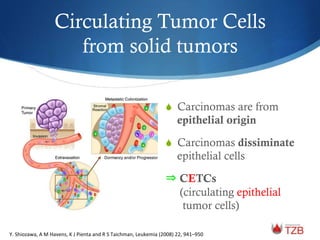 Circulating Tumor Cells
from solid tumors
S  Carcinomas are from
epithelial origin
S  Carcinomas dissiminate
epithelial cells
⇒ CETCs
(circulating epithelial
tumor cells)
Y.	
  Shiozawa,	
  A	
  M	
  Havens,	
  K	
  J	
  Pienta	
  and	
  R	
  S	
  Taichman,	
  Leukemia	
  (2008)	
  22,	
  941–950	
  
 