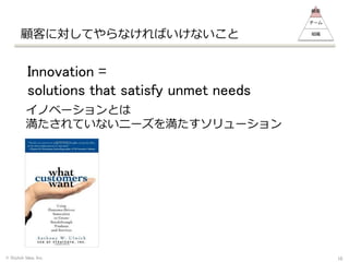 顧客に対してやらなければいけないこと
© Stylish Idea, Inc.
Innovation =
solutions that satisfy unmet needs
イノベーションとは
満たされていないニーズを満たすソリューション
10
顧客
チーム
組織
 