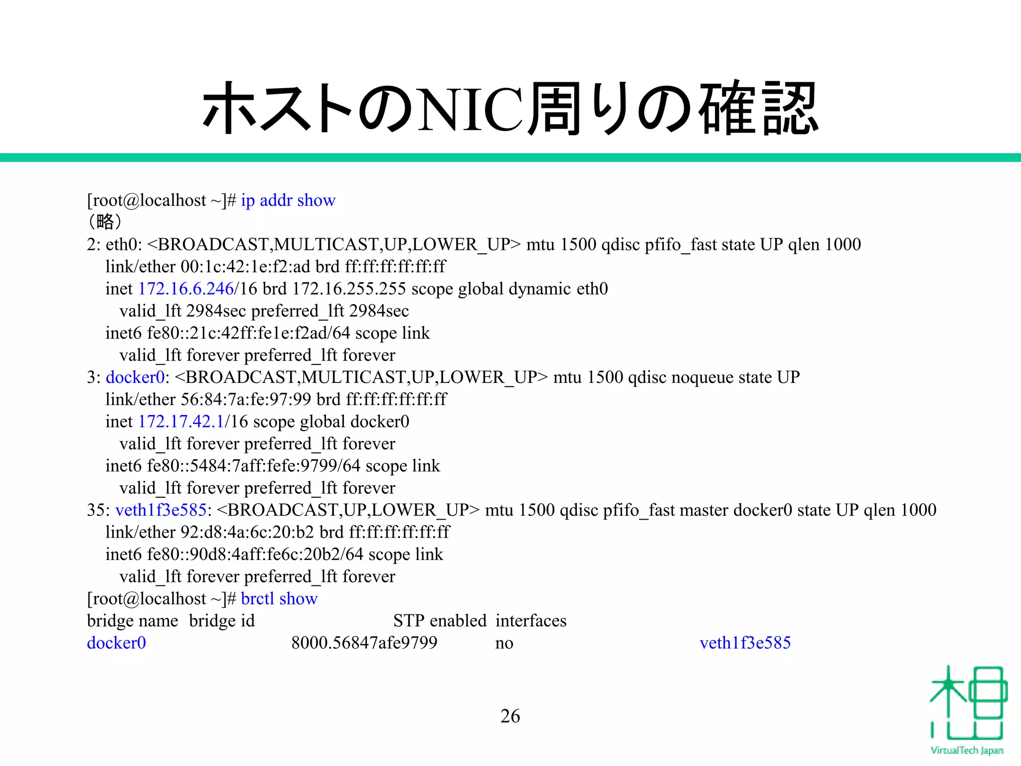 ホストのNIC周りの確認
[root@localhost ~]# ip addr show
（略）
2: eth0: <BROADCAST,MULTICAST,UP,LOWER_UP> mtu 1500 qdisc pfifo_fast state UP qlen 1000
link/ether 00:1c:42:1e:f2:ad brd ff:ff:ff:ff:ff:ff
inet 172.16.6.246/16 brd 172.16.255.255 scope global dynamic eth0
valid_lft 2984sec preferred_lft 2984sec
inet6 fe80::21c:42ff:fe1e:f2ad/64 scope link
valid_lft forever preferred_lft forever
3: docker0: <BROADCAST,MULTICAST,UP,LOWER_UP> mtu 1500 qdisc noqueue state UP
link/ether 56:84:7a:fe:97:99 brd ff:ff:ff:ff:ff:ff
inet 172.17.42.1/16 scope global docker0
valid_lft forever preferred_lft forever
inet6 fe80::5484:7aff:fefe:9799/64 scope link
valid_lft forever preferred_lft forever
35: veth1f3e585: <BROADCAST,UP,LOWER_UP> mtu 1500 qdisc pfifo_fast master docker0 state UP qlen 1000
link/ether 92:d8:4a:6c:20:b2 brd ff:ff:ff:ff:ff:ff
inet6 fe80::90d8:4aff:fe6c:20b2/64 scope link
valid_lft forever preferred_lft forever
[root@localhost ~]# brctl show
bridge name bridge id STP enabled interfaces
docker0 8000.56847afe9799 no veth1f3e585
26
 