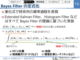 Bayes Filter の定式化
16
ロボット工学セミナー 2015-09-11
 漸化式で時系列の確率過程を表現
 Extended Kalman Filter、Histogram Filter など
はすべて Bayes Filter の理論に基づいた実装
時刻tの自己位置xtの事後確率
尤度（計測モデル）
事前確率
x：ﾛﾎﾞｯﾄ位置 m：地図
u：制御動作（ｵﾄﾞﾒﾄﾘなど） z：環境計測（ﾚｰｻﾞｽｷｬﾝなど）
動作モデル 時刻t-1の自己位置xt-1
ROSﾊﾟｯｹｰｼﾞ ｱﾙｺﾞﾘｽﾞﾑ 開発情報 つくばﾁｬﾚﾝｼﾞ まとめ
 