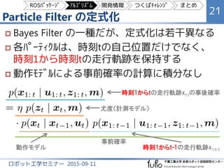 Particle Filter の定式化
21
ロボット工学セミナー 2015-09-11
 Bayes Filter の一種だが、定式化は若干異なる
 各ﾊﾟｰﾃｨｸﾙは、時刻tの自己位置だけでなく、
時刻1から時刻tの走行軌跡を保持する
 動作ﾓﾃﾞﾙによる事前確率の計算に積分なし
時刻1からtの走行軌跡xt:tの事後確率
尤度（計測モデル）
事前確率
動作モデル 時刻1からt-1の走行軌跡x1:t-1
ROSﾊﾟｯｹｰｼﾞ ｱﾙｺﾞﾘｽﾞﾑ 開発情報 つくばﾁｬﾚﾝｼﾞ まとめ
 