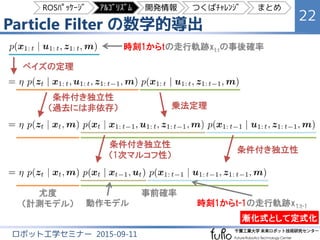 Particle Filter の数学的導出
22
ロボット工学セミナー 2015-09-11
時刻1からtの走行軌跡xt:tの事後確率
尤度
（計測モデル）
事前確率
動作モデル 時刻1からt-1の走行軌跡x1:t-1
ベイズの定理
条件付き独立性
（過去には非依存） 乗法定理
条件付き独立性
（1次マルコフ性）
条件付き独立性
漸化式として定式化
ROSﾊﾟｯｹｰｼﾞ ｱﾙｺﾞﾘｽﾞﾑ 開発情報 つくばﾁｬﾚﾝｼﾞ まとめ
 