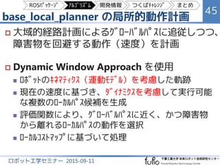 base_local_planner の局所的動作計画
45
ロボット工学セミナー 2015-09-11
 大域的経路計画によるｸﾞﾛｰﾊﾞﾙﾊﾟｽに追従しつつ、
障害物を回避する動作（速度）を計画
 Dynamic Window Approach を使用
 ﾛﾎﾞｯﾄのｷﾈﾏﾃｨｸｽ（運動ﾓﾃﾞﾙ）を考慮した軌跡
 現在の速度に基づき、ﾀﾞｲﾅﾐｸｽを考慮して実行可能
な複数のﾛｰｶﾙﾊﾟｽ候補を生成
 評価関数により、ｸﾞﾛｰﾊﾞﾙﾊﾟｽに近く、かつ障害物
から離れたﾛｰｶﾙﾊﾟｽの動作を選択
 ﾛｰｶﾙｺｽﾄﾏｯﾌﾟに基づいて処理
ROSﾊﾟｯｹｰｼﾞ ｱﾙｺﾞﾘｽﾞﾑ 開発情報 つくばﾁｬﾚﾝｼﾞ まとめ
 