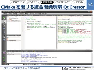 CMake を開ける統合開発環境 Qt Creator
54
ロボット工学セミナー 2015-09-11
ROSﾊﾟｯｹｰｼﾞ ｱﾙｺﾞﾘｽﾞﾑ 開発情報 つくばﾁｬﾚﾝｼﾞ まとめ
 