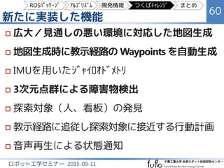 ロボットの外観（正面図、側面図）
60
ロボット工学セミナー 2015-09-11
30 deg
30 deg
1390 mm
320 mm
830 mm600 mm
710 mm
1480 mm
1420 mm
280 mm
30 deg
ROSﾊﾟｯｹｰｼﾞ ｱﾙｺﾞﾘｽﾞﾑ 開発情報 つくばﾁｬﾚﾝｼﾞ まとめ
 
