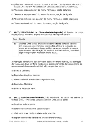 NOÇÕES DE INFORMÁTICA (TEORIA E EXERCÍCIOS) PARA TÉCNICO 
C ?L I O R O B E R T O R O C H A 5 1 0 7 7 0 9 4 2 7 2 
LEGISLATIVO DA ASSEMBLEIA LEGISLATIVA DO AMAZONAS. 
b) “Recuos e espaçamento” do menu Formatar, opção Colunas; 
c) “Recuos e espaçamento” do menu Formatar, opção Parágrafo; 
d) “Quebras de linha e de página” do menu Formatar, opção Capitular; 
e) “Quebras de coluna” do menu Formatar, opção Parágrafo. 
20. (FCC/2009/Oficial de Chancelaria/Adaptada) O Diretor de certo 
órgão público incumbiu alguns funcionários da seguinte tarefa: 
Item Tarefa 
10 Quando uma tabela criada no editor de texto contiver valores 
em colunas que devam ser totalizados, utilizar a instrução de 
soma apropriada para isso e cuidar para que, quando um novo 
valor ou uma modificação for inserida em uma coluna, seu total 
seja corrigido (ref. Microsoft Word 2000). 
A instrução apropriada, que deve ser obtida no menu Tabela, e a correção 
do valor, que deve ser feita mediante o pressionamento do botão direito do 
mouse na célula contendo o total, são, respectivamente: 
a) Soma e Conferir; 
b) Fórmula e Atualizar campo; 
c) Fórmula somar e Modificar campo de valor; 
d) Fórmula e Modificar; 
e) Soma e Atualizar valor. 
21. (FCC/2006/TRE-AP/Analista) No MS-Word, as teclas de atalho do 
teclado CTRL + P quando utilizadas abrem uma janela para: 
a) imprimir o documento; 
b) colar no documento um texto copiado; 
c) abrir uma nova pasta e salvar o documento; 
d) copiar o conteúdo da tela na área de transferência; 
Profs. Lênin e Patrícia www.pontodosconcursos.com.br 52 
 