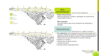 CONECTIVIDAD AMBIENTAL
BIO-
DIVERSIDAD
• Redes PaisaJísticas
Nodos-Fragmentos- Enlaces (tipologias con potencial de
reconectarse entre si)
Micro-paisajes
Usos del suelo a partir de la recreación de ambientes y
paisajes
MITIGACION AL CAMBIO CLIMATICO
RESILIENCIA
• En urbanismo, es la capacidad de la urbe para resistir una
amenaza, asimismo absorber, amoldarse y recobrarse de sus
efectos de forma oportuna y eficaz, incluye la preservación y
restauración de sus estructuras y funciones básicas
• Diseñar con el Agua
• Recolección de agua de lluvia
• Jardines de lluvia
• Drenaje urbano sostenible (SUD)
 