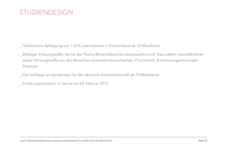 Seite 10
STUDIENDESIGN
_ Telefonische Befragung von 1.074 Unternehmen in Deutschland ab 10 Mitarbeiter
_ Befragte: Führungskräfte, die für das Thema Wirtschaftsschutz verantwortlich sind. Dazu zählen Geschäftsführer
sowie Führungskräfte aus den Bereichen Unternehmenssicherheit, IT-Sicherheit, Risikomanagement oder
Finanzen.
_ Die Umfrage ist repräsentativ für die deutsche Gesamtwirtschaft ab 10 Mitarbeiter
_ Erhebungszeitraum: 5. Januar bis 20. Februar 2015
Quelle: Digitale Wirtschaftsspionage, Sabotage und Datendiebstahl, Prof. Dieter Kempf, BITKOM April 2015
 