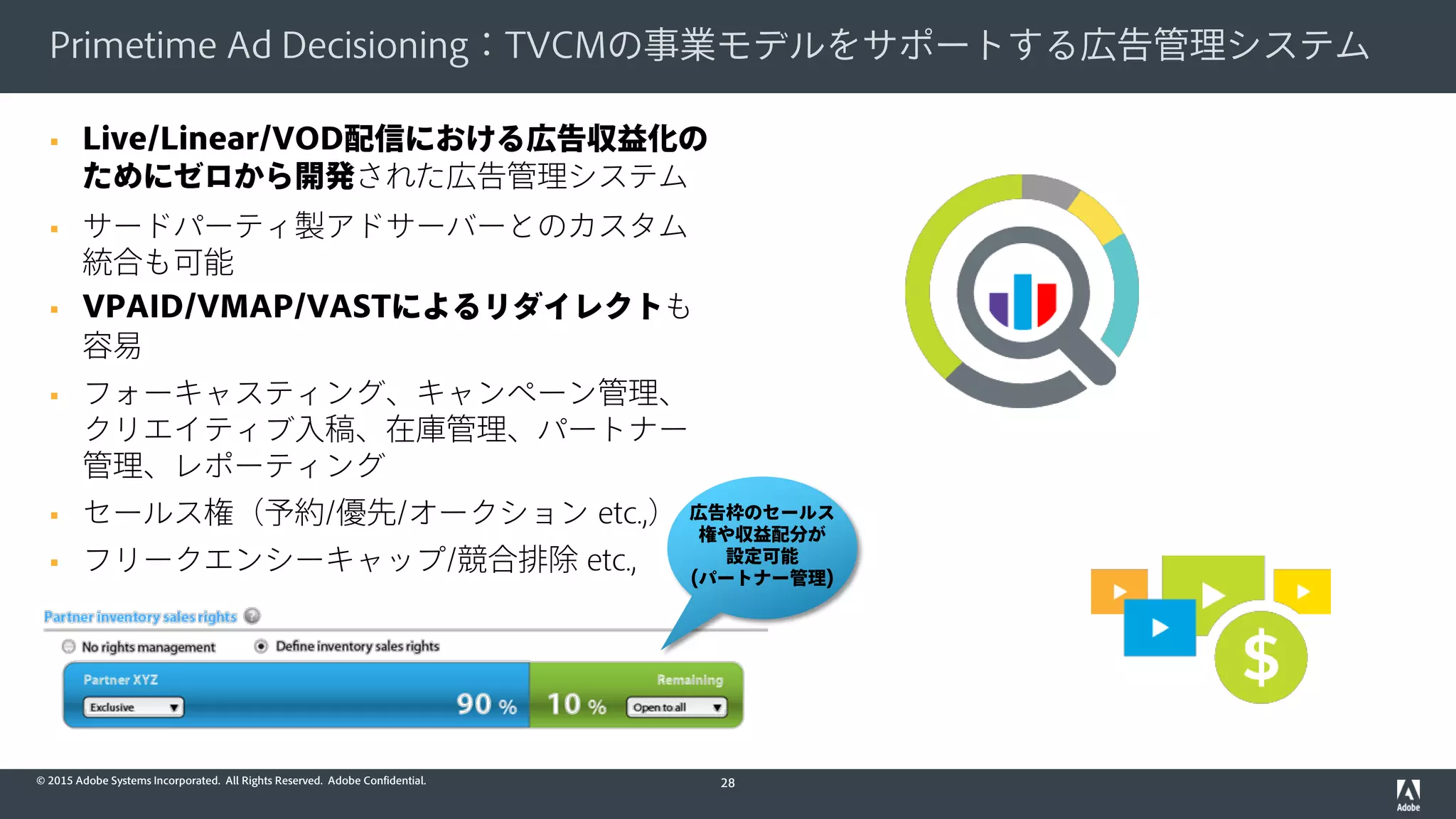 © 2015 Adobe Systems Incorporated. All Rights Reserved. Adobe Confidential.
Primetime Ad Decisioning：TVCMの事業モデルをサポートする広告管理システム
 Live/Linear/VOD配信における広告収益化の
ためにゼロから開発された広告管理システム
 サードパーティ製アドサーバーとのカスタム
統合も可能
 VPAID/VMAP/VASTによるリダイレクトも
容易
 フォーキャスティング、キャンペーン管理、
クリエイティブ入稿、在庫管理、パートナー
管理、レポーティング
 セールス権（予約/優先/オークション etc.,）
 フリークエンシーキャップ/競合排除 etc.,
28
広告枠のセールス
権や収益配分が
設定可能
(パートナー管理)
 