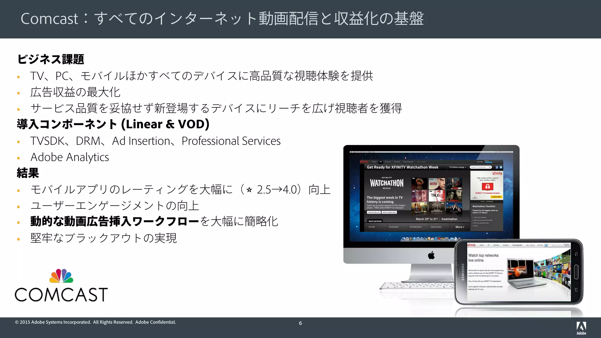© 2015 Adobe Systems Incorporated. All Rights Reserved. Adobe Confidential.
Comcast：すべてのインターネット動画配信と収益化の基盤
6
ビジネス課題
 TV、PC、モバイルほかすべてのデバイスに高品質な視聴体験を提供
 広告収益の最大化
 サービス品質を妥協せず新登場するデバイスにリーチを広げ視聴者を獲得
導入コンポーネント (Linear & VOD)
 TVSDK、DRM、Ad Insertion、Professional Services
 Adobe Analytics
結果
 モバイルアプリのレーティングを大幅に（⭐ 2.5→4.0）向上
 ユーザーエンゲージメントの向上
 動的な動画広告挿入ワークフローを大幅に簡略化
 堅牢なブラックアウトの実現
 
