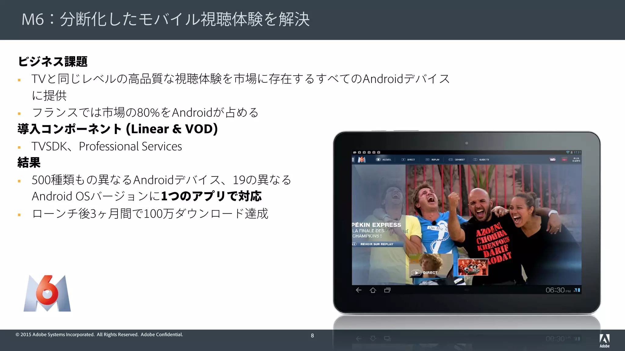 © 2015 Adobe Systems Incorporated. All Rights Reserved. Adobe Confidential.
M6：分断化したモバイル視聴体験を解決
8
ビジネス課題
 TVと同じレベルの高品質な視聴体験を市場に存在するすべてのAndroidデバイス
に提供
 フランスでは市場の80%をAndroidが占める
導入コンポーネント (Linear & VOD)
 TVSDK、Professional Services
結果
 500種類もの異なるAndroidデバイス、19の異なる
Android OSバージョンに1つのアプリで対応
 ローンチ後3ヶ月間で100万ダウンロード達成
 