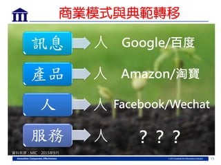 13
商業模式與典範轉移
Amazon/淘寶
Facebook/Wechat
？？？
人 Google/百度訊息
產品
人
服務 人
人
人
資料來源：MIC，2015年9月
 