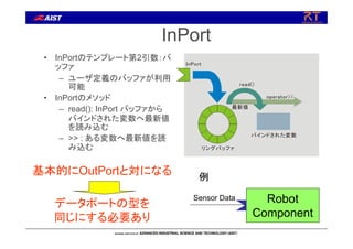 InPort
• InPortのテンプレート第2引数：バ
ッファ
– ユーザ定義のバッファが利用
可能
• InPortのメソッド
– read(): InPort バッファから
バインドされた変数へ最新値
を読み込む
– >> : ある変数へ最新値を読
み込む リングバッファ
バインドされた変数
read()
operator>>
最新値
InPort
Robot
Component
Sensor Data
例
基本的にOutPortと対になる
データポートの型を
同じにする必要あり
 
