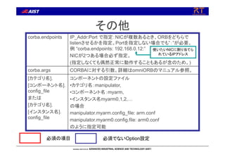 その他
corba.endpoints IP_Addr:Port で指定：NICが複数あるとき、ORBをどちらで
listenさせるかを指定。Portを指定しない場合でも”：”が必要。
例 “corba.endpoints: 192.168.0.12:”
NICが2つある場合必ず指定。
(指定しなくても偶然正常に動作することもあるが念のため。)
corba.args CORBAに対する引数。詳細はomniORBのマニュアル参照。
[カテゴリ名].
[コンポーネント名].
config_file
または
[カテゴリ名].
[インスタンス名].
config_file
コンポーネントの設定ファイル
•カテゴリ名：manipulator,
•コンポーネント名：myarm,
•インスタンス名myarm0,1,2,…
の場合
manipulator.myarm.config_file: arm.conf
manipulator.myarm0.config.file: arm0.conf
のように指定可能
必須の項目 必須でないOption設定
使いたいNICに割り当てら
れているIPアドレス
 