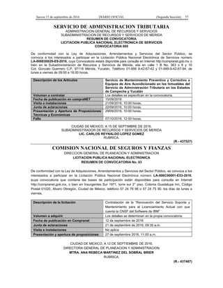 Jueves 15 de septiembre de 2016 DIARIO OFICIAL (Segunda Sección) 57
SERVICIO DE ADMINISTRACION TRIBUTARIA
ADMINISTRACION GENERAL DE RECURSOS Y SERVICIOS
SUBADMINISTRACION DE RECURSOS Y SERVICIOS DE MERIDA
RESUMEN DE CONVOCATORIA
LICITACION PUBLICA NACIONAL ELECTRONICA DE SERVICIOS
CONVOCATORIA 005
De conformidad con la Ley de Adquisiciones, Arrendamientos y Servicios del Sector Público, se
convoca a los interesados a participar en la Licitación Pública Nacional Electrónica de Servicios número
LA-006E00029-E9-2016, cuya Convocatoria estará disponible para consulta en Internet http://compranet.gob.mx o
bien en la Subadministración de Recursos y Servicios de Mérida, sita en calle 1 B No. 363 x 8 y 10
Col. Gonzalo Guerrero C.P. 97118 Mérida, Yucatán, Teléfono 01-999 9-42-67-42 y 01-999-9-42-67-94, de
lunes a viernes de 09:00 a 18:00 horas.
Descripción de los Artículos Servicio de Mantenimiento Preventivo y Correctivo a
Equipos de Aire Acondicionado en los Inmuebles del
Servicio de Administración Tributaria en los Estados
de Campeche y Yucatán
Volumen a contratar Los detalles se especifican en la convocatoria.
Fecha de publicación en compraNET 15/09/2016
Visita a instalaciones 21/09/2016, 10:00 horas.
Junta de aclaraciones 22/09/2016, 10:00 horas.
Presentación y Apertura de Proposiciones
Técnicas y Económicas
29/09/2016, 10:00 horas.
Fallo 07/10/2016, 12:00 horas.
CIUDAD DE MEXICO, A 15 DE SEPTIMBRE DE 2016.
SUBADMINISTRADOR DE RECURSOS Y SERVICIOS DE MERIDA
LIC. CARLOS REYNALDO LOPEZ GOMEZ
RUBRICA.
(R.- 437527)
COMISION NACIONAL DE SEGUROS Y FIANZAS
DIRECCION GENERAL DE PLANEACION Y ADMINISTRACION
LICITACION PUBLICA NACIONAL ELECTRONICA
RESUMEN DE CONVOCATORIA No. 03
De conformidad con la Ley de Adquisiciones, Arrendamientos y Servicios del Sector Público, se convoca a los
interesados a participar en la Licitación Pública Nacional Electrónica número LA-006C00001-E53-2016,
cuya convocatoria que contiene las bases de participación están disponibles para consulta en Internet
http://compranet.gob.mx, o bien en Insurgentes Sur 1971, torre sur 2° piso, Colonia Guadalupe Inn, Código
Postal 01020, Alvaro Obregón, Ciudad de México, teléfono 57 24 76 96 o 57 24 75 90, los días de lunes a
viernes.
Descripción de la licitación Contratación de la “Renovación del Servicio Soporte y
Mantenimiento para el Licenciamiento Actual con que
cuenta la CNSF del Software de IBM”
Volumen a adquirir Los detalles se determinan en la propia convocatoria
Fecha de publicación en Compranet 12 de septiembre de 2016
Junta de aclaraciones 21 de septiembre de 2016, 09:30 a.m.
Visita a instalaciones No aplica
Presentación y apertura de proposiciones 27 de septiembre 2016, 11:00 a.m.
CIUDAD DE MEXICO, A 12 DE SEPTIEMBRE DE 2016.
DIRECTORA GENERAL DE PLANEACION Y ADMINISTRACION
MTRA. ANA REBECA MARTINEZ DEL SOBRAL BRIER
RUBRICA.
(R.- 437487)
 