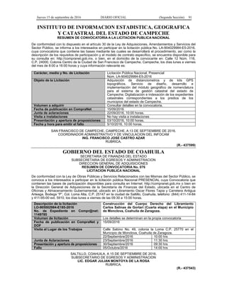 Jueves 15 de septiembre de 2016 DIARIO OFICIAL (Segunda Sección) 91
INSTITUTO DE INFORMACION ESTADISTICA, GEOGRAFICA
Y CATASTRAL DEL ESTADO DE CAMPECHE
RESUMEN DE CONVOCATORIA A LA LICITACION PUBLICA NACIONAL
De conformidad con lo dispuesto en el artículo 30 de la Ley de Adquisiciones, Arrendamientos y Servicios del
Sector Público, se informa a los interesados en participar en la licitación pública No. LA-904029984-E5-2016,
cuya convocatoria que contiene las bases mediante las cuales se desarrollará el procedimiento, así como la
descripción de los requisitos de participación y el modelo de contrato específico, se encuentra disponible para
su consulta en: http://compranet.gob.mx, o bien, en el domicilio de la convocante en: Calle 12 Núm. 116,
C.P. 24000, Colonia Centro de la Ciudad de San Francisco de Campeche, Campeche, los días lunes a viernes
del mes de 8:00 a 16:00 horas y cuya información relevante es:
Carácter, medio y No. de Licitación Licitación Pública Nacional, Presencial
Núm. LA-904029984-E5-2016
Objeto de la Licitación Adquisición de distanciometros y de kits GPS
topográficos. Servicio de diseño, desarrollo e
implementación del módulo geográfico de nomenclatura
para el sistema de gestión catastral del estado de
Campeche; Digitalización e indexación de los expedientes
catastrales correspondientes a los predios de los
municipios del estado de Campeche.
Volumen a adquirir Consultar detalles en la convocatoria.
Fecha de publicación en CompraNet 15/09/2016
Junta de aclaraciones 22/09/2016, 10:00 horas.
Visita a instalaciones No hay visita a instalaciones
Presentación y apertura de proposiciones 03/10/2016, 10:00 horas.
Fecha y hora para emitir el fallo 5/10/2016, 10:00 horas.
SAN FRANCISCO DE CAMPECHE, CAMPECHE, A 13 DE SEPTIEMBRE DE 2016.
COORDINADOR ADMINISTRATIVO Y DE VINCULACION DEL INFOCAM
ING. FRANCISCO JOSE CASTRO AZAR
RUBRICA.
(R.- 437599)
GOBIERNO DEL ESTADO DE COAHUILA
SECRETARIA DE FINANZAS DEL ESTADO
SUBSECRETARIA DE EGRESOS Y ADMINISTRACION
DIRECCION GENERAL DE ADQUISICIONES
RESUMEN DE CONVOCATORIA No. 076
LICITACION PUBLICA NACIONAL
De conformidad con la Ley de Obras Públicas y Servicios Relacionados con las Mismas del Sector Público, se
convoca a los interesados a participar en la licitación pública Nacional PRESENCIAL cuya Convocatoria que
contienen las bases de participación disponibles para consulta en Internet: http://compranet.gob.mx o bien en
la Dirección General de Adquisiciones de la Secretaría de Finanzas del Estado, ubicada en el Centro de
Oficinas y Almacenamiento Gubernamental, ubicado en Libramiento Oscar Flores Tapia y Carretera Antigua
Arteaga, Bodega “P”, Col. Loma Alta, C.P. 25147 en la ciudad de Saltillo, Coahuila, teléfono: (844) 411-14-84
y 411-95-00 ext. 5910, los días lunes a viernes de las 09:30 a 15:00 horas.
Descripción de la licitación
LO-905002984-E185-2016
No. de Expediente en Compr@net:
1149785
Construcción del Cuerpo Derecho del Libramiento
Carlos Salinas de Gortari (Cuarta etapa) en el Municipio
de Monclova, Coahuila de Zaragoza.
Volumen de licitación Los detalles se determinan en la propia convocatoria
Fecha de publicación en CompraNet y
DOF
15/09/2016
Visita al Lugar de los Trabajos Calle Sabino No. 49, colonia la Loma C.P. 25770 en el
Municipio de Monclova, Coahuila de Zaragoza.
22/Septiembre/2016 10:00 hrs
Junta de Aclaraciones 23/Septiembre/2016 11:30 hrs
Presentación y apertura de proposiciones 30/Septiembre/2016 09:30 hrs
Fallo 05/Octubre/2016 14:00 hrs
SALTILLO, COAHUILA, A 15 DE SEPTIEMBRE DE 2016.
SUBSECRETARIO DE EGRESOS Y ADMINISTRACION
LIC. EDGAR JULIAN MONTOYA DE LA ROSA
RUBRICA.
(R.- 437543)
 