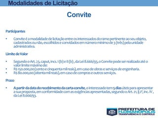 Modalidades de Licitação
Convite
Participantes
• Conviteéamodalidadedelicitaçãoentreosinteressadosdoramopertinenteaoseuobjeto,
cadastradosounão,escolhidoseconvidadosemnúmeromínimode3(três)pelaunidade
administrativa.
LimitedeValor
• SegundooArt.23,caput,incs.I(b)eII(b),daLei8.666/93,oConvitepodeserrealizadoatéo
valorlimitemáximode:
• R$150.000,00(centoecinquentamilreais),emcasodeobraseserviçosdeengenharia.
• R$80.000,00(oitentamilreais),emcasodecompraseoutrosserviços.
Prazo
• Apartirdadatadorecebimentodacarta-convite,ointeressadotem5diasúteisparaapresentar
asuaproposta,emconformidadecomasexigênciasapresentadas,segundooArt.21,§2º,inc.IV,
daLei8.666/93.
 
