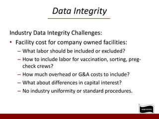 Data Integrity
Industry Data Integrity Challenges:
• Facility cost for company owned facilities:
– What labor should be included or excluded?
– How to include labor for vaccination, sorting, preg-
check crews?
– How much overhead or G&A costs to include?
– What about differences in capital interest?
– No industry uniformity or standard procedures.
 