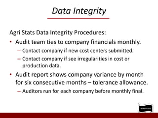 Data Integrity
Agri Stats Data Integrity Procedures:
• Audit team ties to company financials monthly.
– Contact company if new cost centers submitted.
– Contact company if see irregularities in cost or
production data.
• Audit report shows company variance by month
for six consecutive months – tolerance allowance.
– Auditors run for each company before monthly final.
 