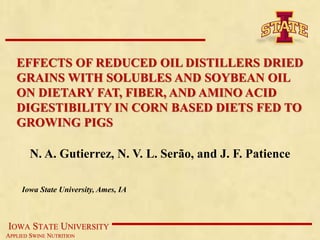 IOWA STATE UNIVERSITY
APPLIED SWINE NUTRITION
EFFECTS OF REDUCED OIL DISTILLERS DRIED
GRAINS WITH SOLUBLES AND SOYBEAN OIL
ON DIETARY FAT, FIBER, AND AMINO ACID
DIGESTIBILITY IN CORN BASED DIETS FED TO
GROWING PIGS
N. A. Gutierrez, N. V. L. Serão, and J. F. Patience
Iowa State University, Ames, IA
 