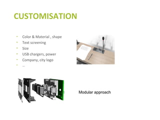 • Color & Material , shape
• Text screening
• Size
• USB chargers, power
• Company, city logo
• …
CUSTOMISATION
Modular approach
 