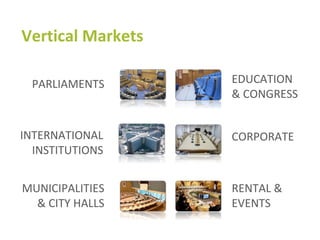 Vertical Markets
INTERNATIONAL
INSTITUTIONS
PARLIAMENTS
MUNICIPALITIES
& CITY HALLS
EDUCATION
& CONGRESS
CORPORATE
RENTAL &
EVENTS
 