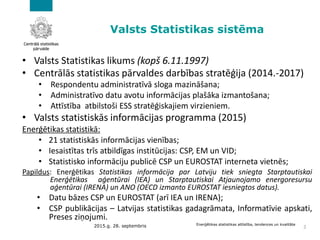 Valsts Statistikas sistēma
• Valsts Statistikas likums (kopš 6.11.1997)
• Centrālās statistikas pārvaldes darbības stratēģija (2014.-2017)
• Respondentu administratīvā sloga mazināšana;
• Administratīvo datu avotu informācijas plašāka izmantošana;
• Attīstība atbilstoši ESS stratēģiskajiem virzieniem.
• Valsts statistiskās informācijas programma (2015)
Enerģētikas statistikā:
• 21 statistiskās informācijas vienības;
• Iesaistītas trīs atbildīgas institūcijas: CSP, EM un VID;
• Statistisko informāciju publicē CSP un EUROSTAT interneta vietnēs;
Papildus: Enerģētikas Statistikas informācija par Latviju tiek sniegta Starptautiskai
Enerģētikas aģentūrai (IEA) un Starptautiskai Atjaunojamo energoresursu
aģentūrai (IRENA) un ANO (OECD izmanto EUROSTAT iesniegtos datus).
• Datu bāzes CSP un EUROSTAT (arī IEA un IRENA);
• CSP publikācijas – Latvijas statistikas gadagrāmata, Informatīvie apskati,
Preses ziņojumi.
2015.g. 28. septembris Enerģētikas statistikas attīstība, tendences un kvalitāte
3
 