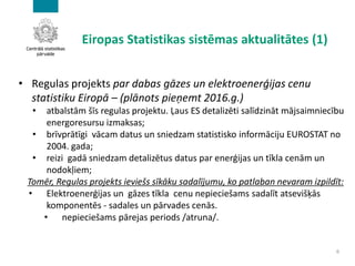 • Regulas projekts par dabas gāzes un elektroenerģijas cenu
statistiku Eiropā – (plānots pieņemt 2016.g.)
• atbalstām šīs regulas projektu. Ļaus ES detalizēti salīdzināt mājsaimniecību
energoresursu izmaksas;
• brīvprātīgi vācam datus un sniedzam statistisko informāciju EUROSTAT no
2004. gada;
• reizi gadā sniedzam detalizētus datus par enerģijas un tīkla cenām un
nodokļiem;
Tomēr, Regulas projekts ieviešs sīkāku sadalījumu, ko patlaban nevaram izpildīt:
• Elektroenerģijas un gāzes tīkla cenu nepieciešams sadalīt atsevišķās
komponentēs - sadales un pārvades cenās.
• nepieciešams pārejas periods /atruna/.
6
Eiropas Statistikas sistēmas aktualitātes (1)
 
