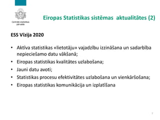 ESS Vīzija 2020
• Aktīva statistikas «lietotāju» vajadzību izzināšana un sadarbība
nepieciešamo datu vākšanā;
• Eiropas statistikas kvalitātes uzlabošana;
• Jauni datu avoti;
• Statistikas procesu efektivitātes uzlabošana un vienkāršošana;
• Eiropas statistikas komunikācija un izplatīšana
7
Eiropas Statistikas sistēmas aktualitātes (2)
 