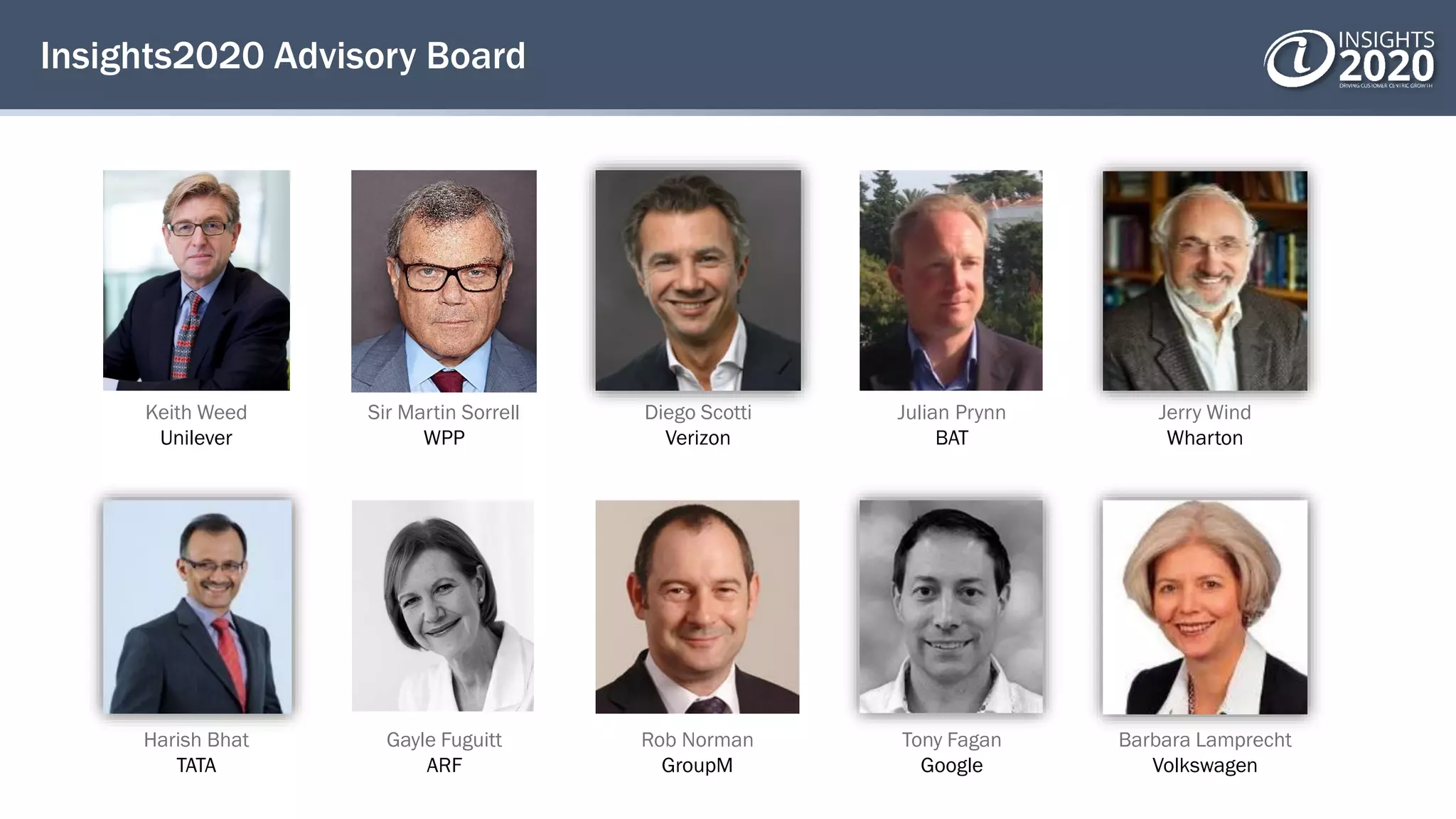 Insights2020 Advisory Board
Keith Weed
Unilever
Sir Martin Sorrell
WPP
Diego Scotti
Verizon
Julian Prynn
BAT
Jerry Wind
Wharton
Harish Bhat
TATA
Gayle Fuguitt
ARF
Rob Norman
GroupM
Tony Fagan
Google
Barbara Lamprecht
Volkswagen
 