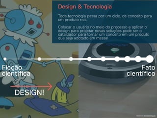 Ficção
cientíﬁca
Fato
cientíﬁco
DESIGN!
Source: envisioning.io
Design & Tecnologia
Toda tecnologia passa por um ciclo, de conceito para
um produto real.
Colocar o usuário no meio do processo e aplicar o
design para projetar novas soluções pode ser o
catalizador para tornar um conceito em um produto
que seja adotado em massa!
 
