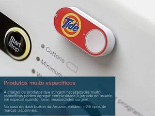 Produtos muito especíﬁcos
A criação de produtos que atingem necessidades muito
especiﬁcas podem agregar complexidade à jornada do usuário,
em especial quando novas necessidades surgem.
No caso do dash button da Amazon, existem + 25 tipos de
marcas disponíveis.
 