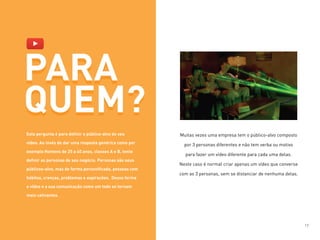 PARA
QUEM?
Muitas vezes uma empresa tem o público-alvo composto
por 3 personas diferentes e não tem verba ou motivo
para fazer um vídeo diferente para cada uma delas.
Neste caso é normal criar apenas um vídeo que converse
com as 3 personas, sem se distanciar de nenhuma delas.
Esta pergunta é para definir o público-alvo do seu
vídeo. Ao invés de dar uma resposta genérica como por
exemplo Homens de 25 a 40 anos, classes A e B, tente
definir as personas do seu negócio. Personas são seus
públicos-alvo, mas de forma personificada, pessoas com
hábitos, crenças, problemas e aspirações. Dessa forma
o vídeo e a sua comunicação como um todo se tornam
mais cativantes.
PARA
QUEM?
17
 
