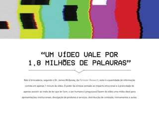 Não é brincadeira, segundo o Dr. James McQuivey, da Forrester Research, esta é a quantidade de informação
contida em apenas 1 minuto de vídeo. O poder da síntese somado ao impacto emocional e à praticidade de
apenas assistir ao invés de ter que ler (sim, o ser humano é preguiçoso) fazem do vídeo uma mídia ideal para
apresentações institucionais, divulgação de produtos e serviços, distribuição de conteúdo, treinamentos e aulas.
“Um vídeo vale por
1,8 milhões de palavras”
 