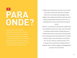PARA
ONDE?
O objetivo final sempre será uma venda, mas o caminho
até a venda na maioria das vezes não é uma ponte
direta e sim uma estrada cheia de pedágios. Esses
pedágios são as etapas da jornada de compra que vai da
pesquisa, passando pelo conhecimento da marca, no
aprofundamento no tema e terminando na decisão de
compra.
Portanto, o sucesso de uma ação pode ser simplesmente
uma interação do cliente com a marca, mais comumente
um lead que acontece quando o prospect deixa seus
contatos (nome, email e o que mais sua empresa quiser)
em troca de alguma coisa (conteúdo exclusivo, um ebook,
desconto, acesso a mais informações, curso gratuito,
etc). Por isso, o vídeo em si cada vez menos é o fim
e cada vez mais o meio de levar as pessoas até outro
ambiente como um hotsite, fanpage ou landingpage para
que lá ocorra outra interação.
PARA
ONDE?
É possível que seu objetivo final seja
simplesmente imagem de marca, neste caso,
você só quer que a pessoa assista ao seu vídeo.
Grandes empresas utilizam os meios digitais
como mídia de massa para impactar o máximo de
pessoas possível. Cada vez mais, no entanto, as
empresas (incluindo as grandes) possuem uma
meta clara para medir o sucesso da ação.
25
 