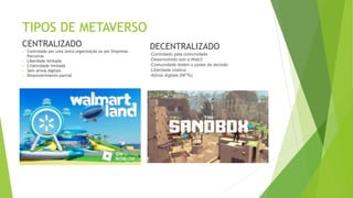 TIPOS DE METAVERSO
CENTRALIZADO
• Controlado por uma única organização ou por Empresas
Parceiras
• Liberdade limitada
• Criatividade limitada
• Sem ativos digitais
• Desenvolvimento parcial
DECENTRALIZADO
•Controlado pela comunidade
•Desenvolvido sob a Web3
•Comunidade detém o poder de decisão
•Liberdade criativa
•Ativos digitais (NFTs)
 