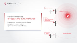 Возможности сервиса:
ОПРЕДЕЛЕНИЕ ПОЛЬЗОВАТЕЛЕЙ
Определение пользователя при входе и
выходе из магазина за счет
применения технологии Beacon.
4
Добро пожаловать!
Сергей,
у нас есть
для вас персональное
предложение...
Чекаут
Чекин
Зона действия маяка
 