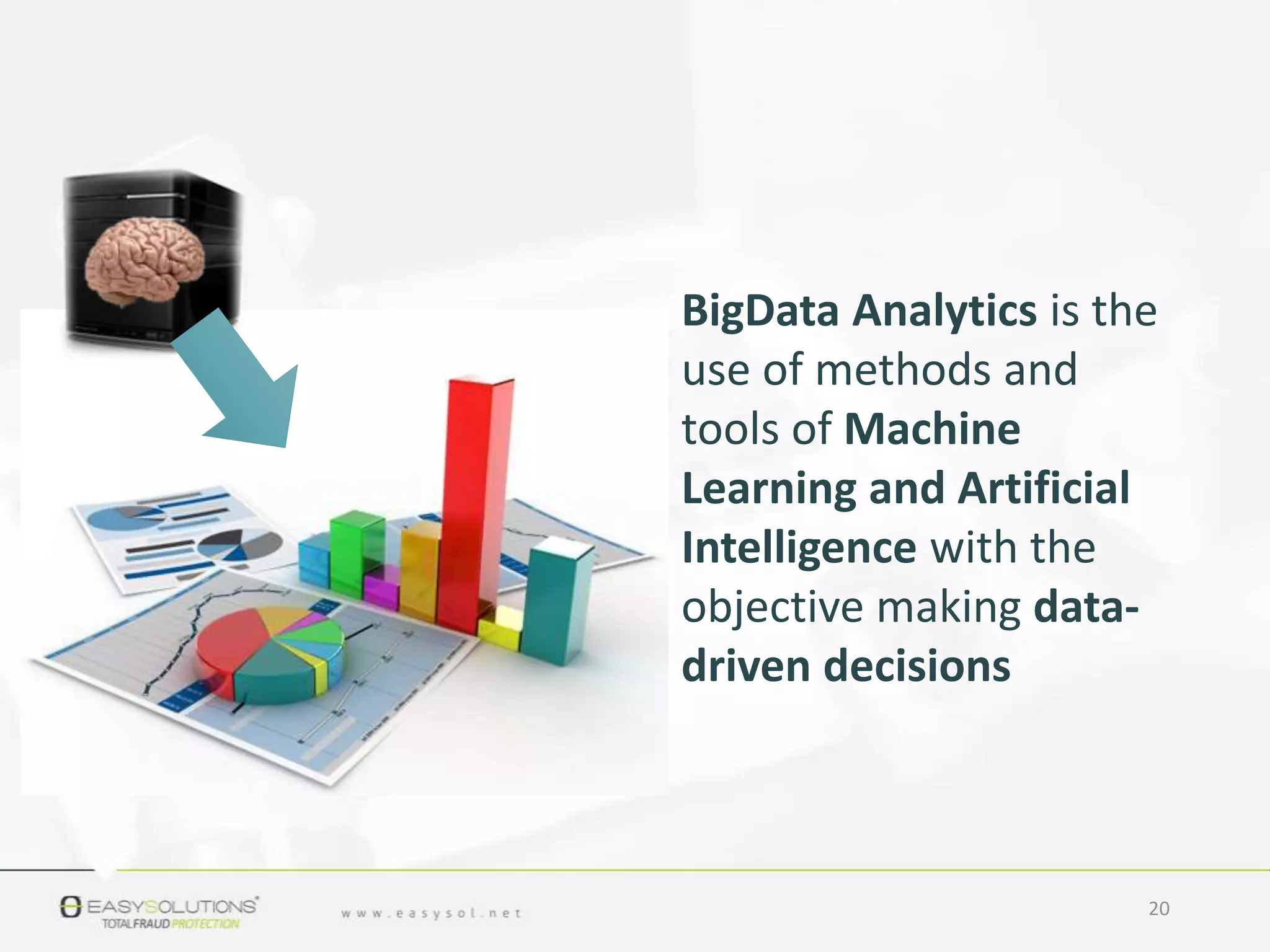 BigData Analytics is the
use of methods and
tools of Machine
Learning and Artificial
Intelligence with the
objective making data-
driven decisions
20
 