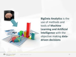 BigData Analytics is the
use of methods and
tools of Machine
Learning and Artificial
Intelligence with the
objective making data-
driven decisions
20
 