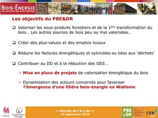 Les objectifs du PBE&DR
 Valoriser les sous-produits forestiers et de la 1ère transformation du
bois… Les autres sources de bois peu ou mal valorisées…
 Créer des plus-values et des emplois locaux
 Réduire les factures énergétiques et sylvicoles ou liées aux ‘déchets’
 Contribuer au DD et à la réduction des GES…
 Mise en place de projets de valorisation énergétique du bois
 Dynamisation des acteurs concernés pour favoriser
l’émergence d’une filière bois-énergie en Wallonie
« Mardis de l'A.I.Gx »
22 septembre 2015
 