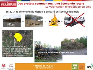 Des projets communaux, une économie locale
La valorisation énergétique du bois
= 900.000
kWh
En 2014 la commune de Hotton a préparé en combustible bois
480 m3
(5250 m³)
1200 map
=
90.000 L
=
En 2014, la commune a
valorisé des bois provenant de
mises à blanc réalisées dans le
cadre du projet Life Papillon sur
le site en « Champagne »
Résineux et feuillus broyés sur site
« Mardis de l'A.I.Gx »
22 septembre 2015
 