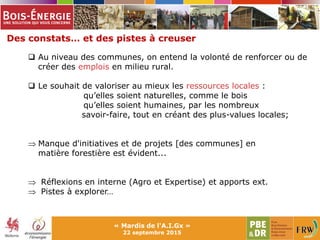 Des constats… et des pistes à creuser
« Mardis de l'A.I.Gx »
22 septembre 2015
 Au niveau des communes, on entend la volonté de renforcer ou de
créer des emplois en milieu rural.
 Le souhait de valoriser au mieux les ressources locales :
qu’elles soient naturelles, comme le bois
qu’elles soient humaines, par les nombreux
savoir-faire, tout en créant des plus-values locales;
 Manque d'initiatives et de projets [des communes] en
matière forestière est évident...
 Réflexions en interne (Agro et Expertise) et apports ext.
 Pistes à explorer…
 