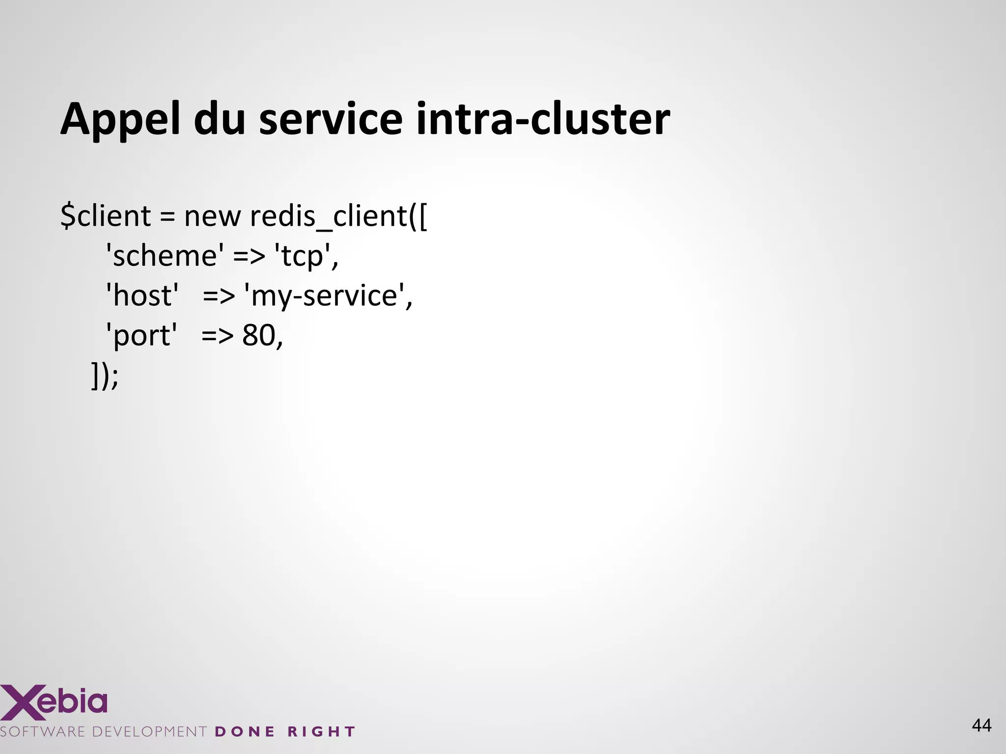 Appel du service intra-cluster
$client = new redis_client([
'scheme' => 'tcp',
'host' => 'my-service',
'port' => 80,
]);
44
 