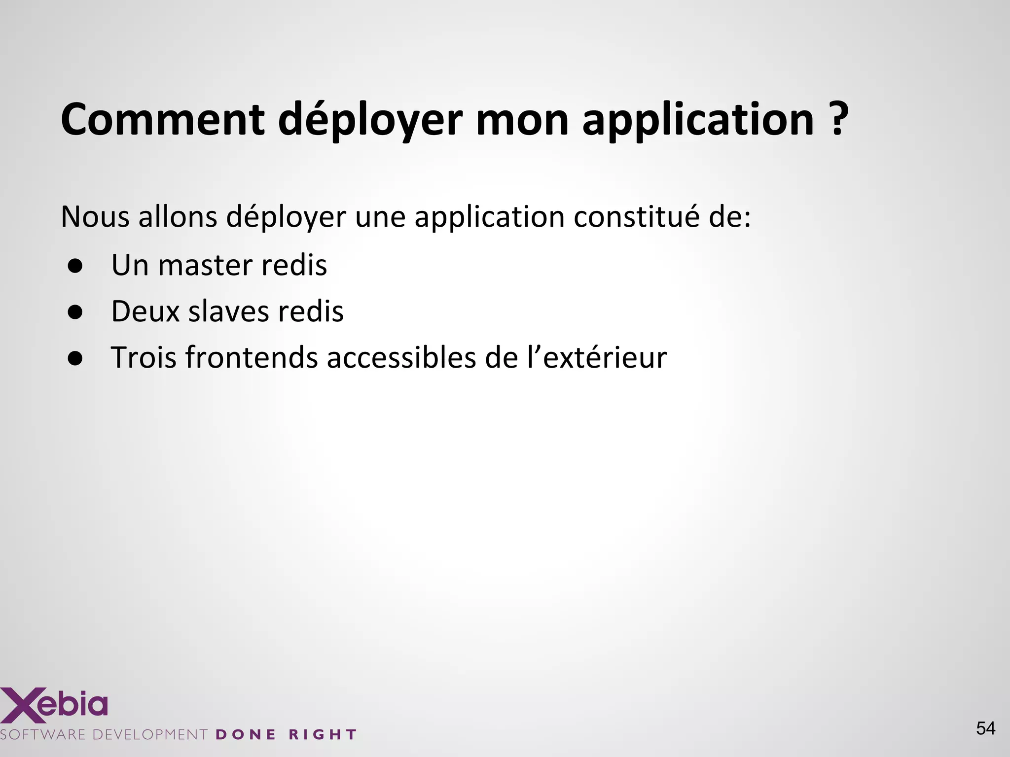 Comment déployer mon application ?
Nous allons déployer une application constitué de:
● Un master redis
● Deux slaves redis
● Trois frontends accessibles de l’extérieur
54
 
