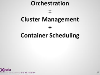 14
Orchestration
=
Cluster Management
+
Container Scheduling
 