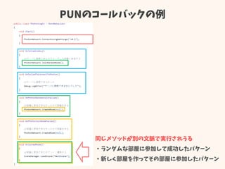 PUNのコールバックの例
同じメソッドが別の文脈で実行されうる
・ランダムな部屋に参加して成功したパターン
・新しく部屋を作ってその部屋に参加したパターン
 