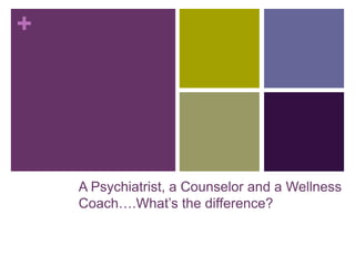 +
A Psychiatrist, a Counselor and a Wellness
Coach….What’s the difference?
 