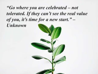 “Go where you are celebrated – not
tolerated. If they can’t see the real value
of you, it’s time for a new start.” –
Unknown
 