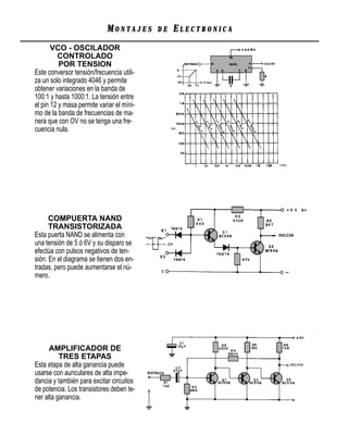 MONTAJES       DE   ELECTRONICA
       VCO - OSCILADOR
         CONTROLADO
          POR TENSION
Este conversor tensión/frecuencia utili-
za un solo integrado 4046 y permite
obtener variaciones en la banda de
100:1 y hasta 1000:1. La tensión entre
el pin 12 y masa permite variar el míni-
mo de la banda de frecuencias de ma-
nera que con OV no se tenga una fre-
cuencia nula.




      COMPUERTA NAND
      TRANSISTORIZADA
Esta puerta NAND se alimenta con
una tensión de 5 ó 6V y su disparo se
efectúa con pulsos negativos de ten-
sión. En el diagrama se tienen dos en-
tradas, pero puede aumentarse el nú-
mero.




      AMPLIFICADOR DE
          TRES ETAPAS
Esta etapa de alta ganancia puede
usarse con auriculares de alta impe-
dancia y también para excitar circuitos
de potencia. Los transistores deben te-
ner alta ganancia.
 